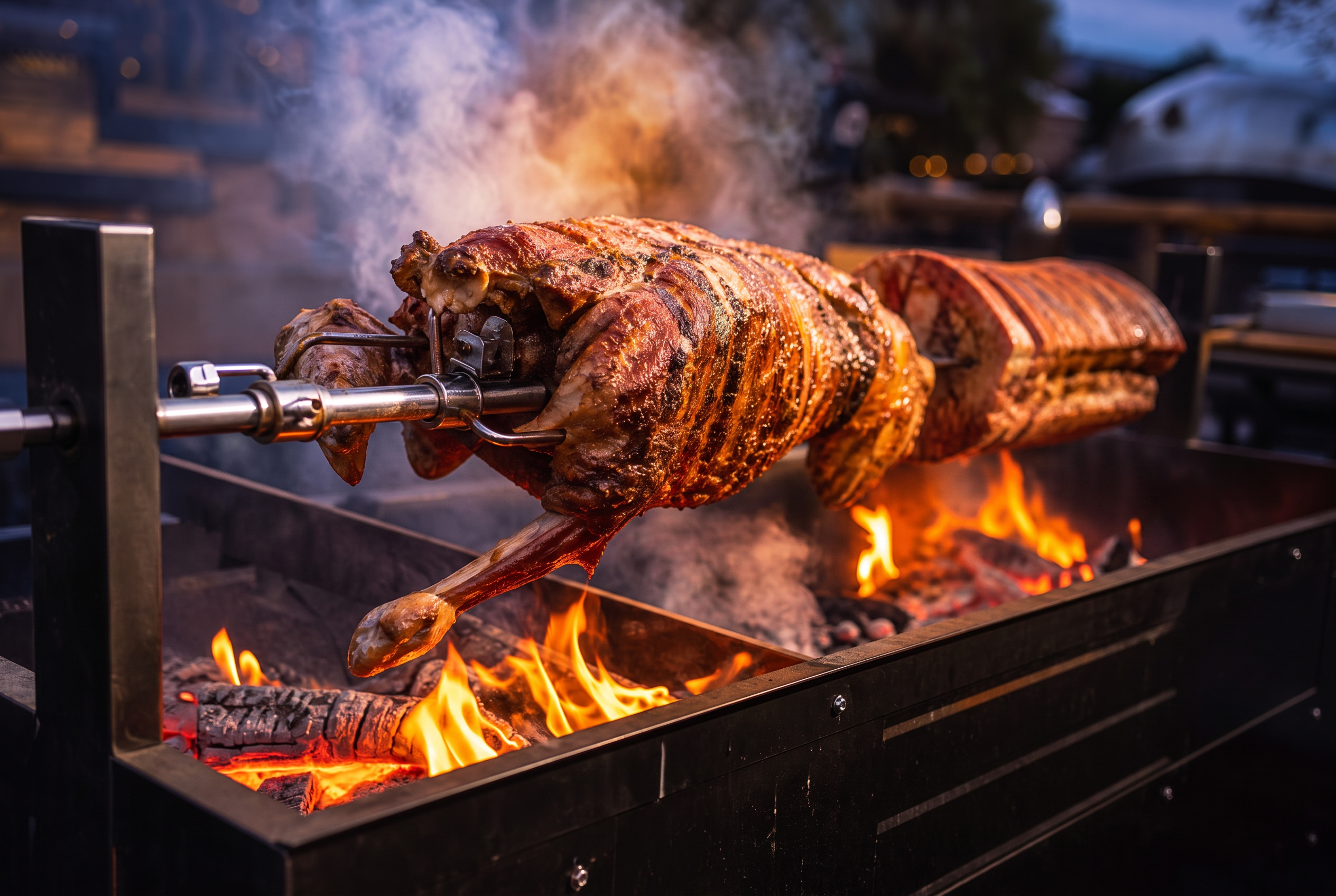 Whole lamb and pork belly slow-roasting on a spit over glowing coals